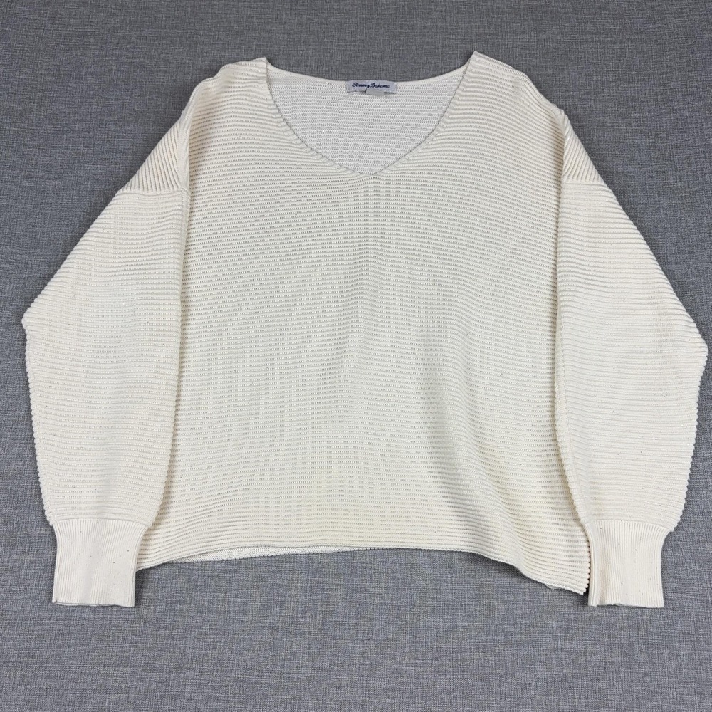 Tommy Bahama Sweater Womens L White Cotton V Neck Dolman Sleeve Knit‎ Pullover